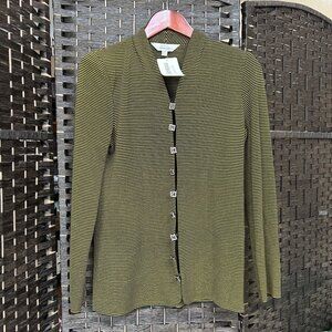 Exclusively Misook Womens Button Up Career Sweater Jacket Striped Green Size XS